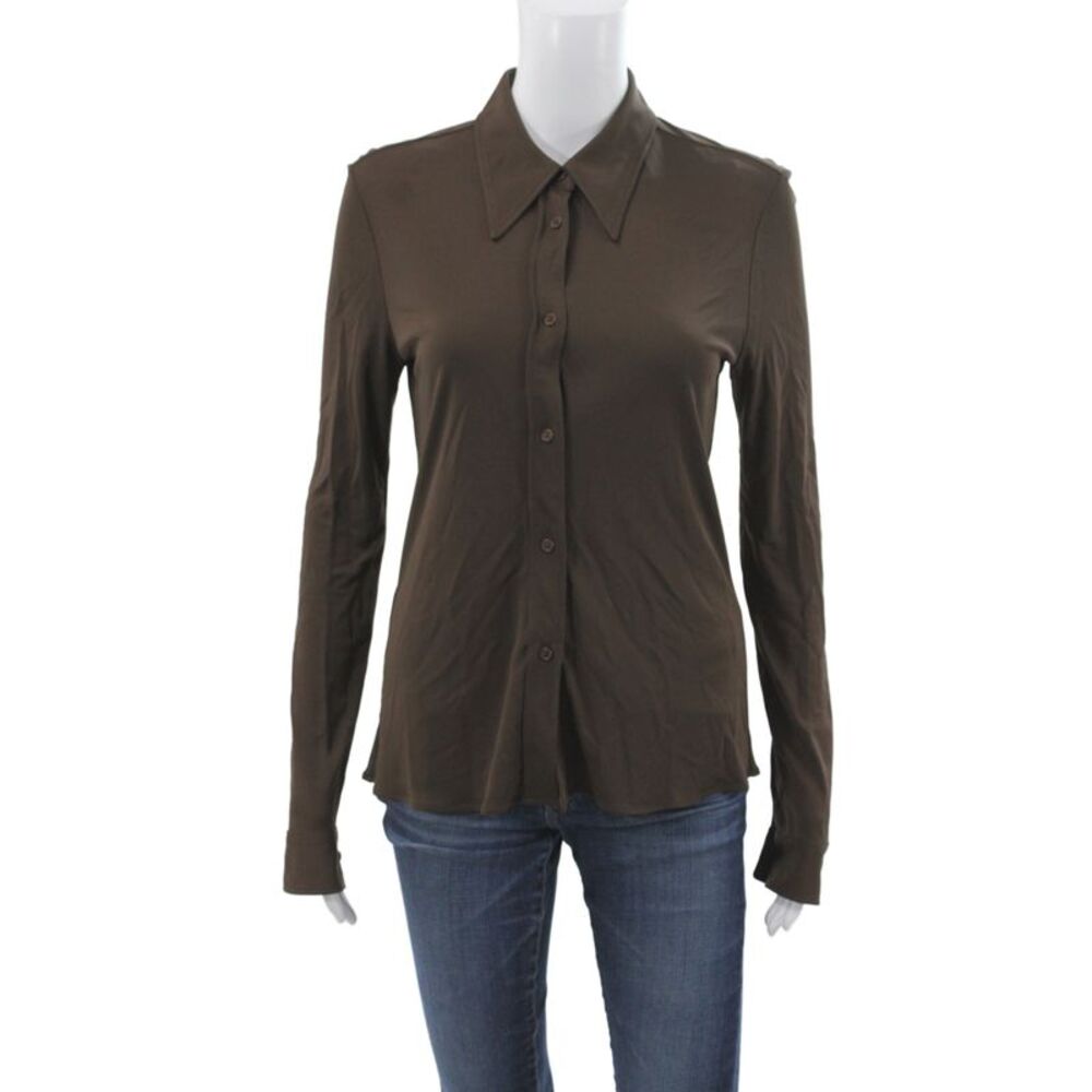Nili Lotan Women Collared Brown Viscose Button Up Blouse Long Sleeve Size S